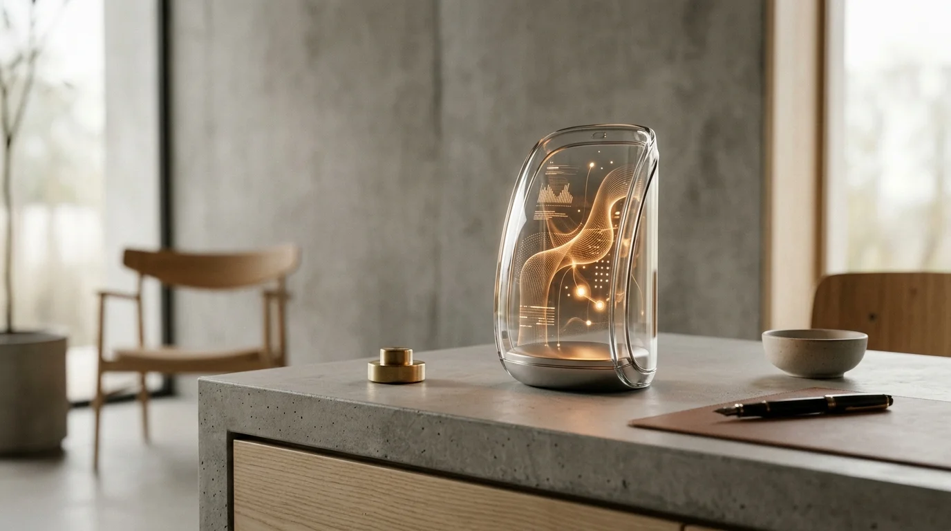 Dispositivo de vidro biomórfico futurista exibindo dados em luz âmbar sobre mesa minimalista, representando a inteligência autônoma de compras.