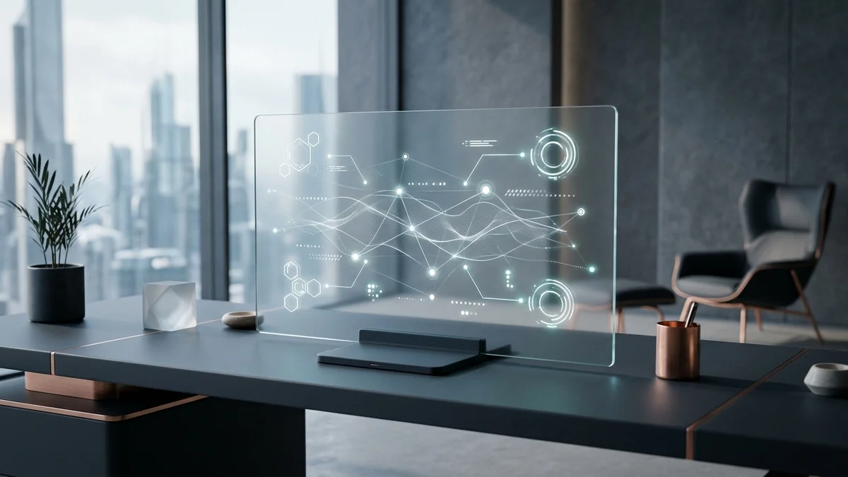 Futuristic transparent desktop display in modern office showing illuminated geometric data nodes and autonomous digital AI interaction indicators on sleek desk