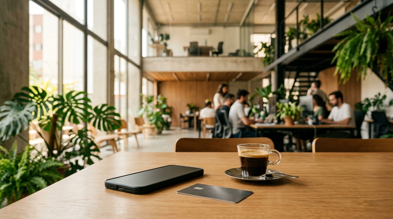 Mesa de trabalho contemporânea em madeira com café expresso brasileiro e smartphone com cartão de pagamento em ambiente de inovação com iluminação natural.