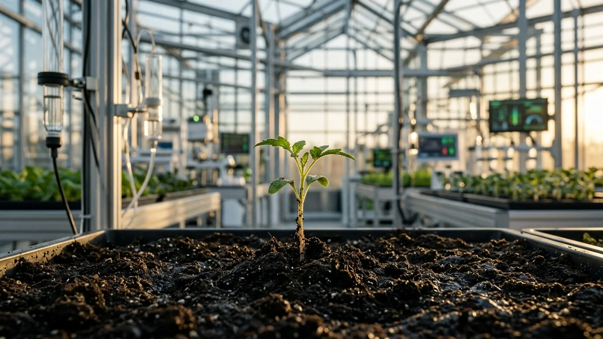 Planta jovem brotando em solo fértil escuro dentro de uma estufa de biotecnologia agrícola de última geração sob iluminação natural suave