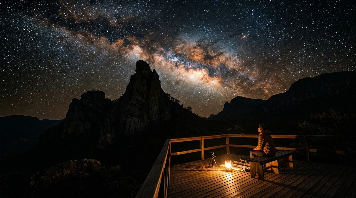 Céu estrelado espetacular com a Via Láctea brilhando sobre as formações rochosas da Chapada dos Veadeiros com observador em deque de madeira sob luz suave de lanterna