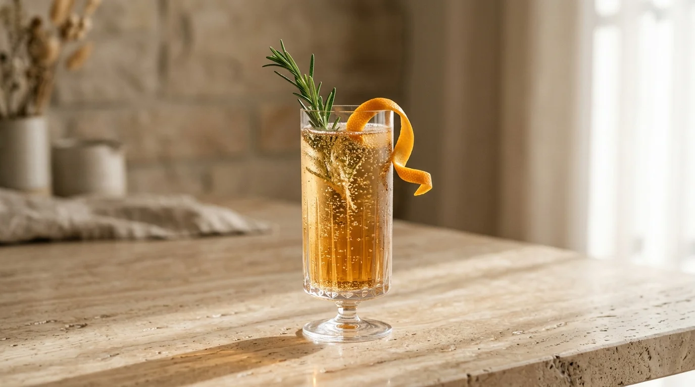Tall crystal glass with a botanical sparkling beverage garnished with rosemary and orange peel on a sunny travertine marble table.