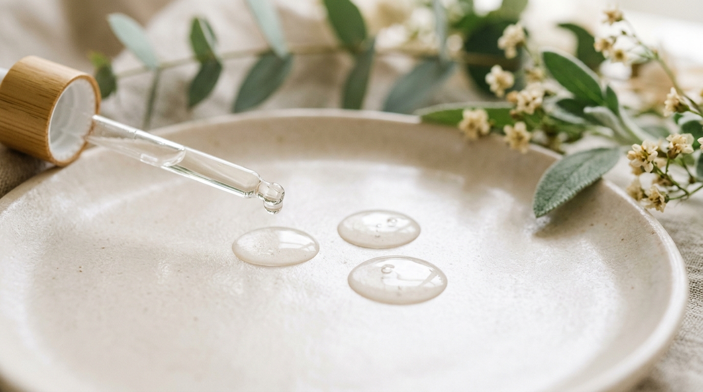 Pure translucent cosmetic serum droplets on handcrafted ceramic with soft botanicals under natural studio light.