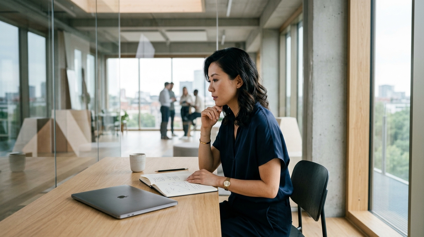 Tech founder thoughtfully sketching business strategies in a modern minimalist loft office overlooking a city skyline.