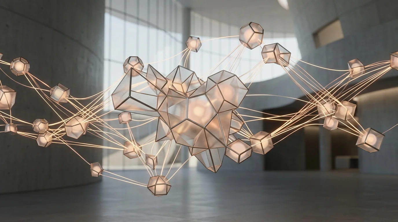 Minimalist 3D concept of interconnected frosted glass and titanium geometric nodes with warm light paths representing enterprise AI architecture
