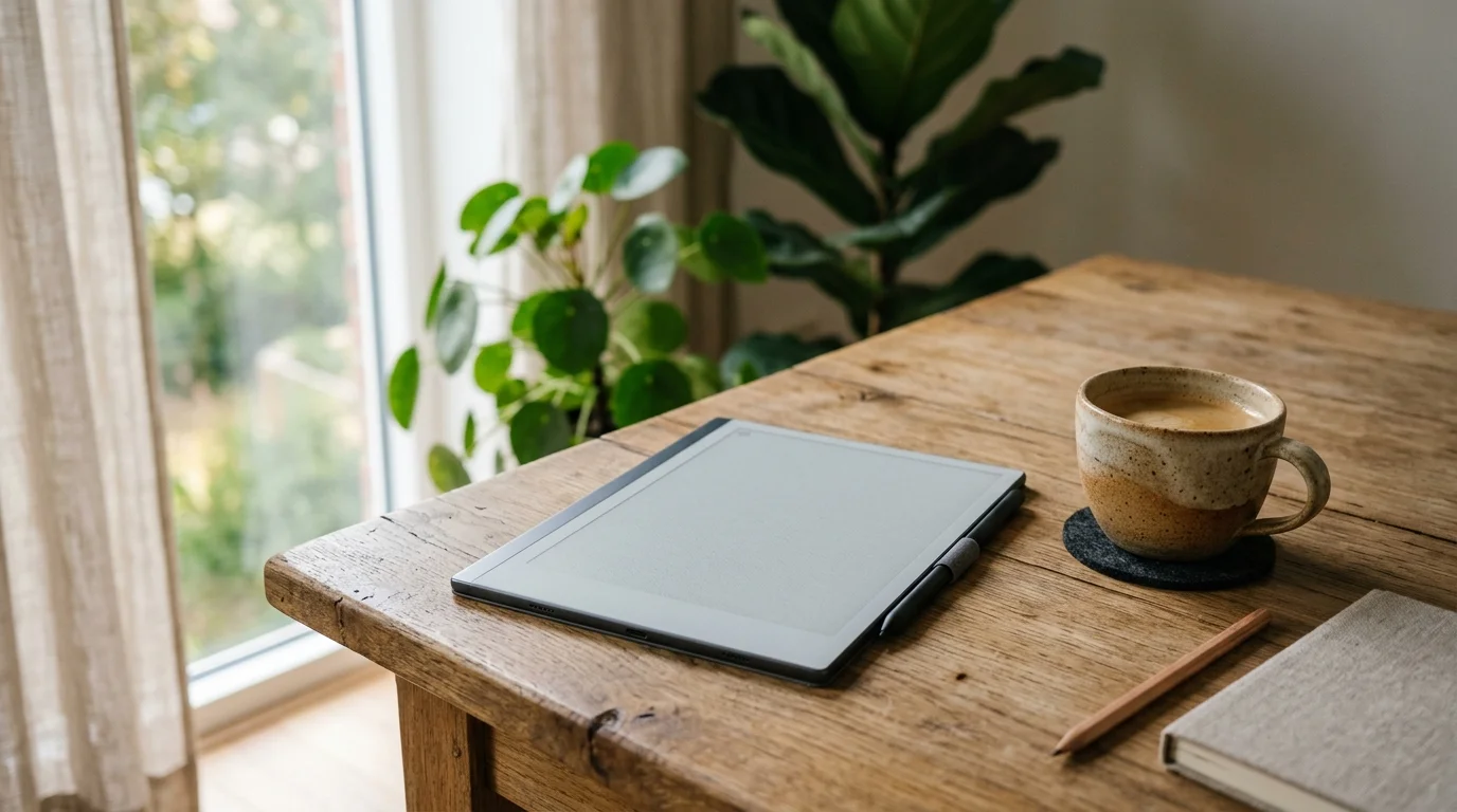Minimalist E-Ink digital paper tablet and tactile coffee cup on an authentic oak wood workspace in warm daylight