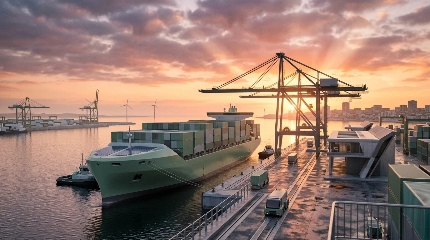 Navio de carga sustentável atracado em porto comercial moderno com guindastes ao entardecer