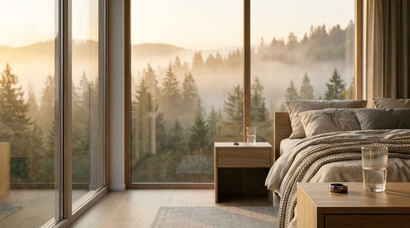 Editorial photograph of a minimalist bedroom overlooking a misty pine forest at sunrise with soft morning light and a smart sleep-tracking ring on the bedside table