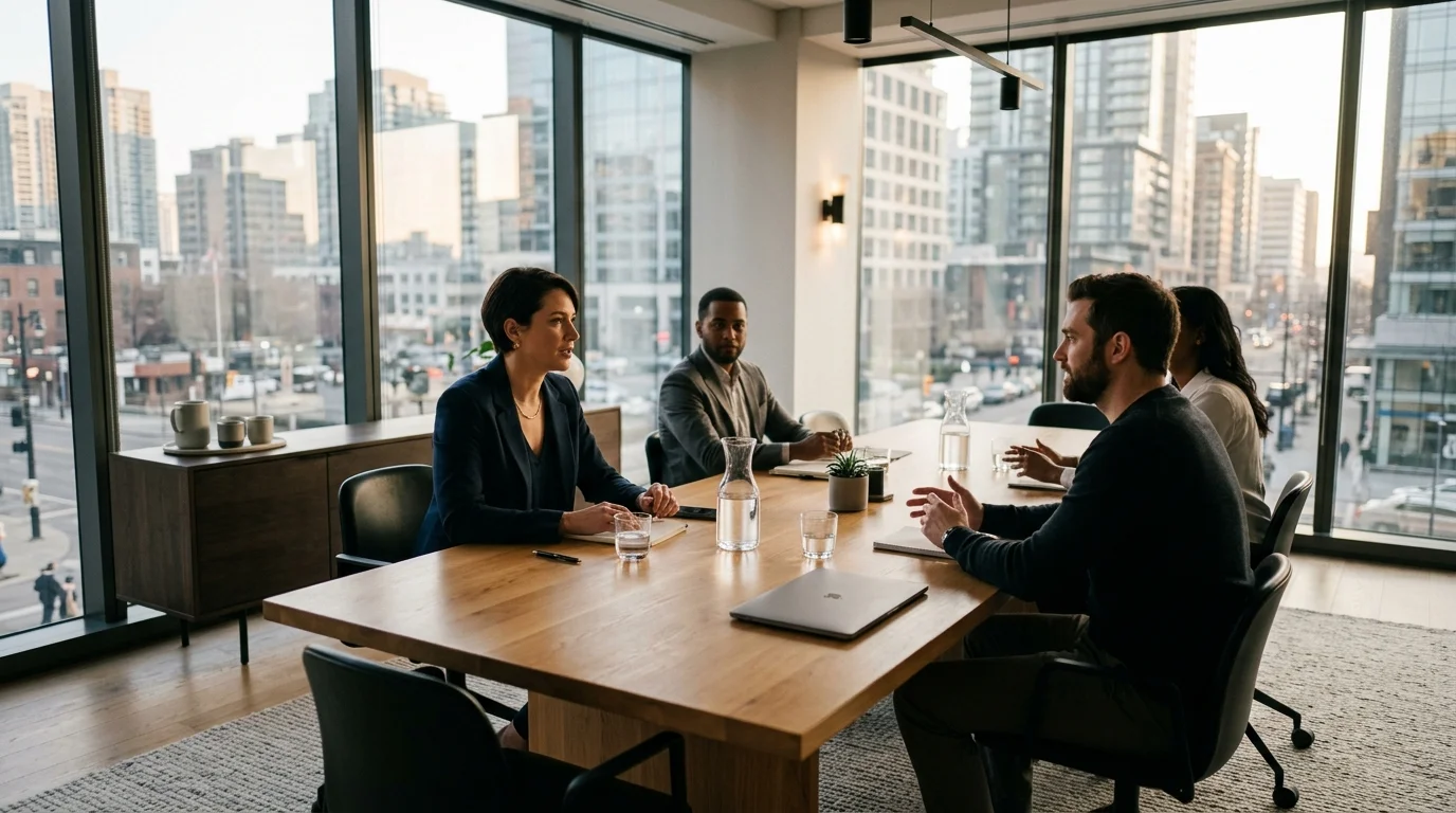 Business executives and founders in a modern venture capital boardroom with natural morning light and panoramic city views.