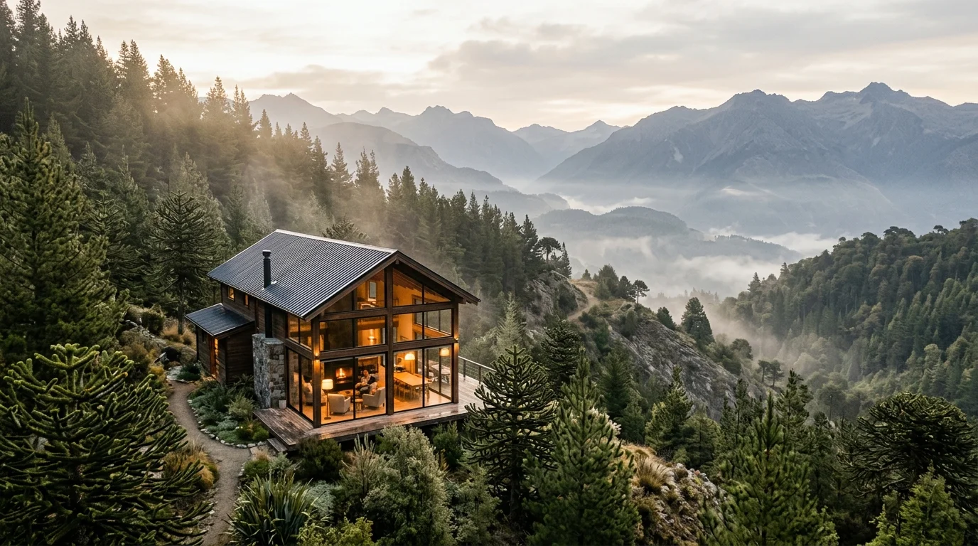 Contemporary alpine luxury glass cabin with warm interior lighting nestled on a mountain ridge surrounded by pine forests and cool misty air.