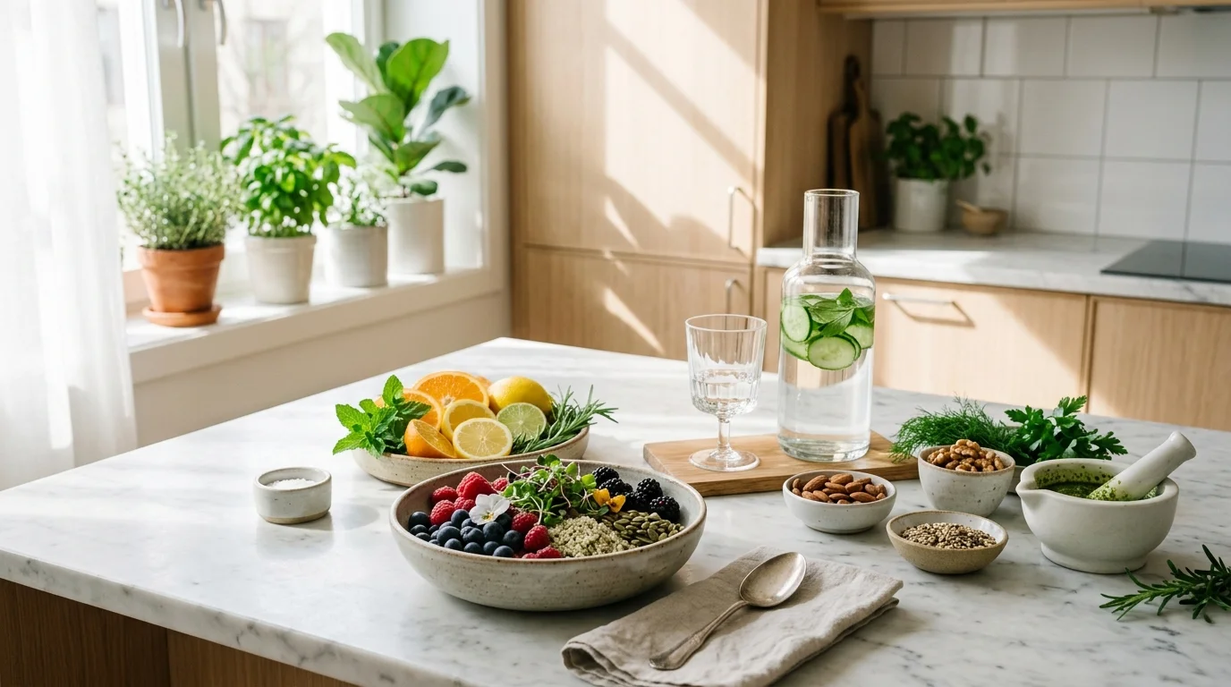 Aesthetically styled marble kitchen counter with vibrant nutrient-dense foods, fresh berries, seeds, and water carafe under natural midday sunbeams.