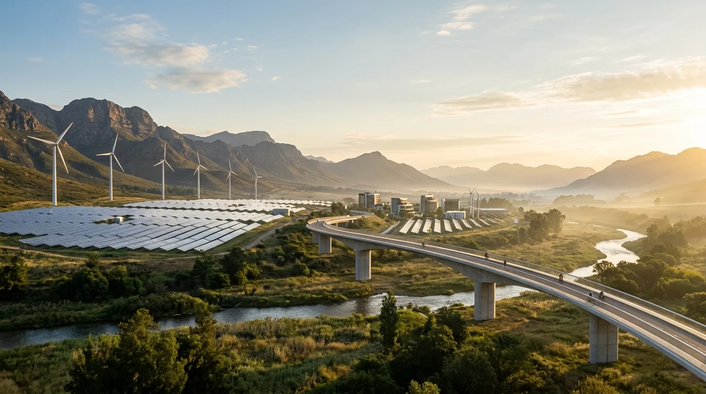 Clean solar and wind energy infrastructure with modern architectural viaduct at dawn, symbolizing long-term wealth compounding