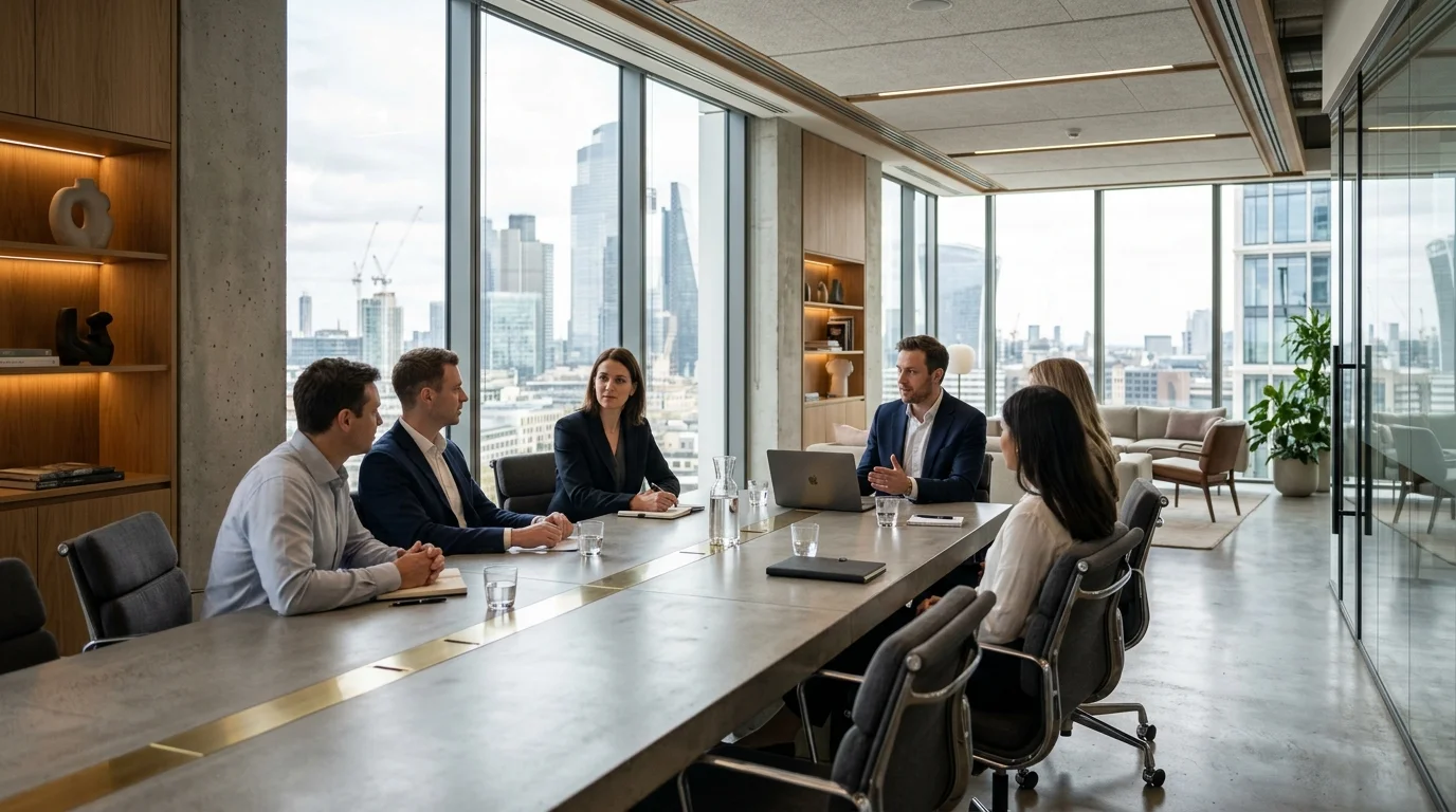 Modern executive boardroom with investors and founders analyzing operational efficiency metrics around a minimalist table bathed in natural light.