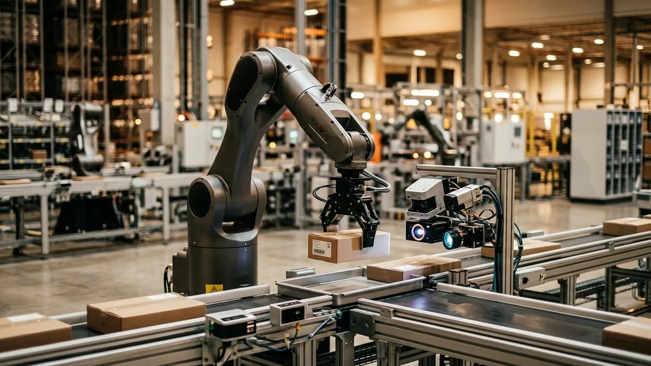 Smart industrial robotic arm operating with precision sensors and cinematic lighting in a modern fulfillment facility