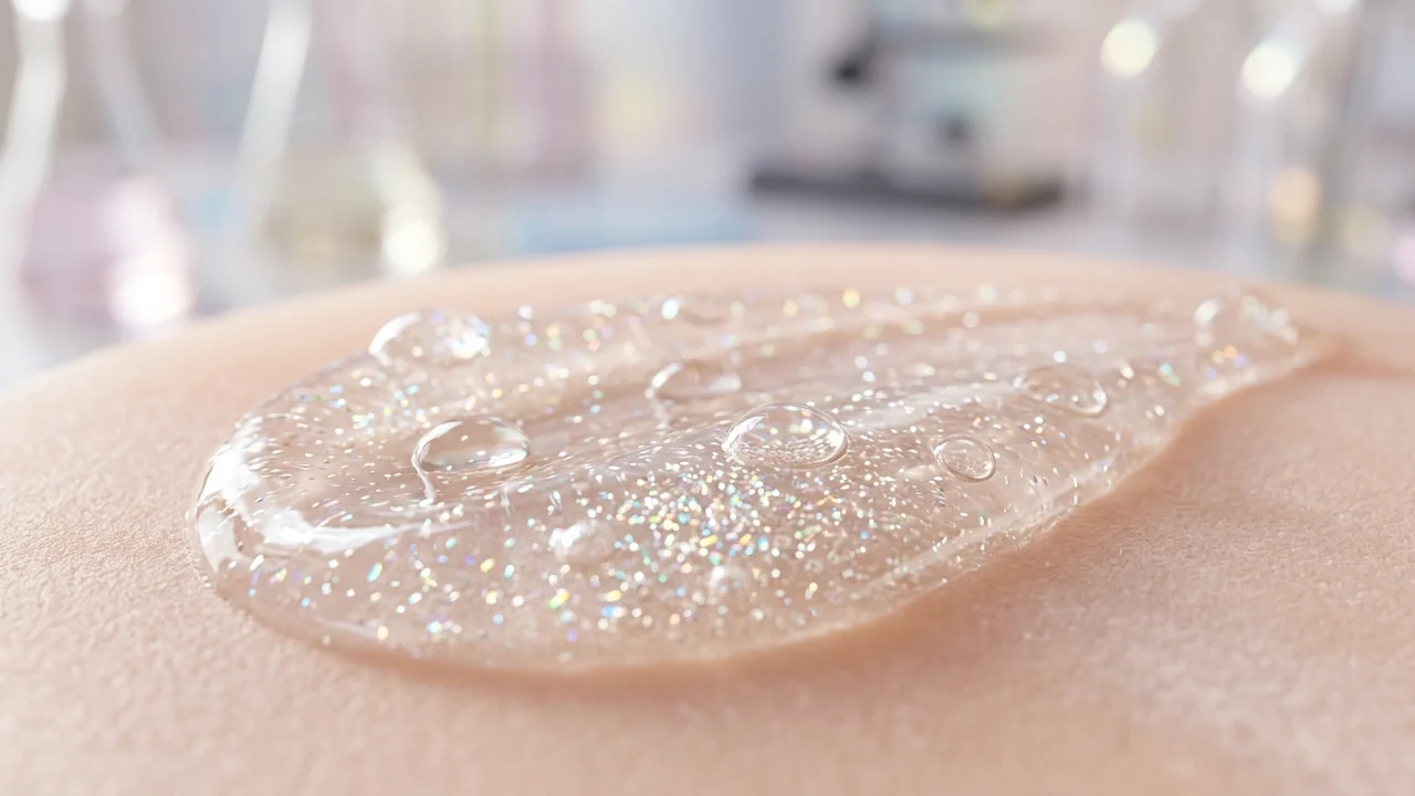 Textura macro em close-up de sérum dermatológico de alta definição com microespículas marinhas brilhantes e gotículas de biossílica sobre superfície translúcida