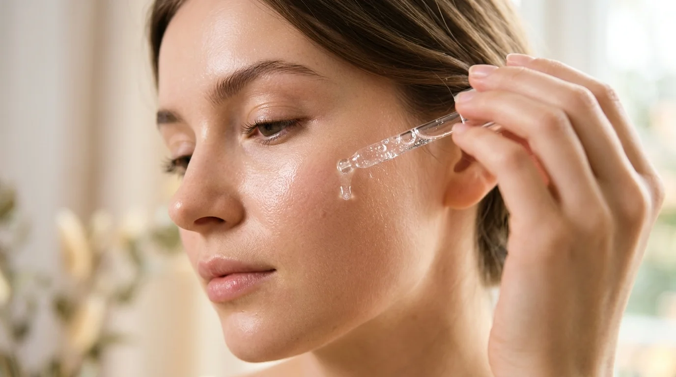 Macro beauty editorial shot of glowing skin texture with glass cosmetic dropper and soft studio daylight