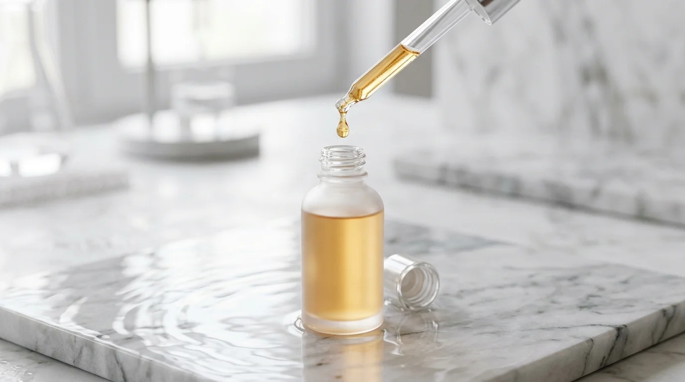 Crystal dropper dispensing golden translucent serum drop of biomimetic peptides and exosomes above elegant frosted bottle on reflective marble.