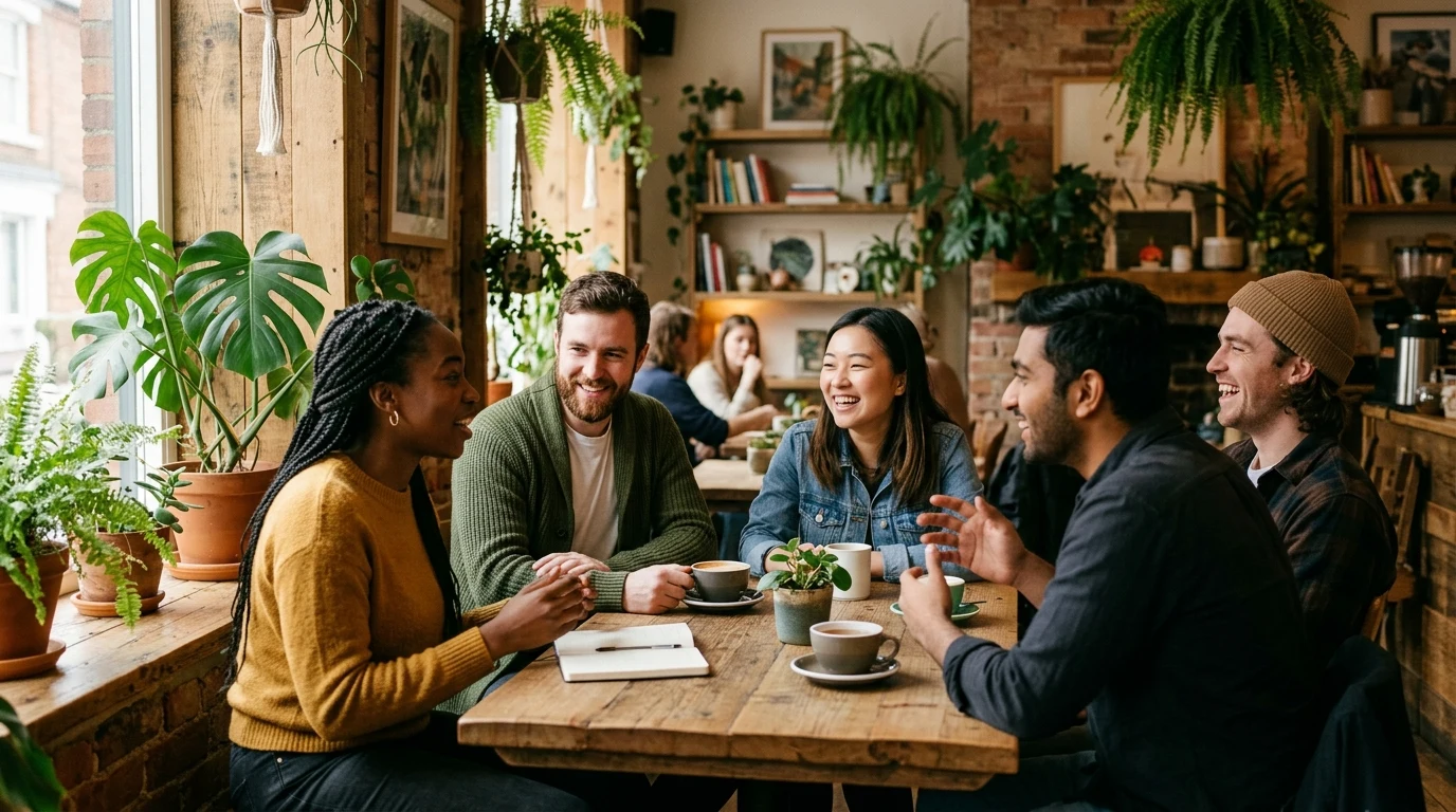 Jovens profissionais reunidos conversando com naturalidade em cafeteria aconchegante sem olhar para telas