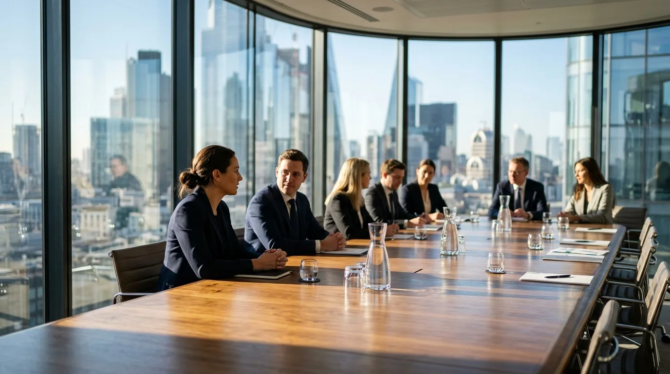 Executive board meeting in a contemporary conference room with panoramic city skyline views and morning natural light