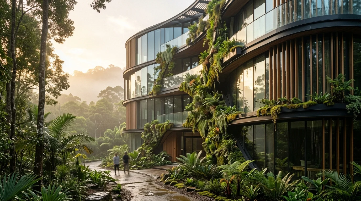 Fotografia arquitetônica editorial de edifício corporativo sustentável e biofílico integrado à vegetação subtropical com fachada de vidro sob luz suave do amanhecer