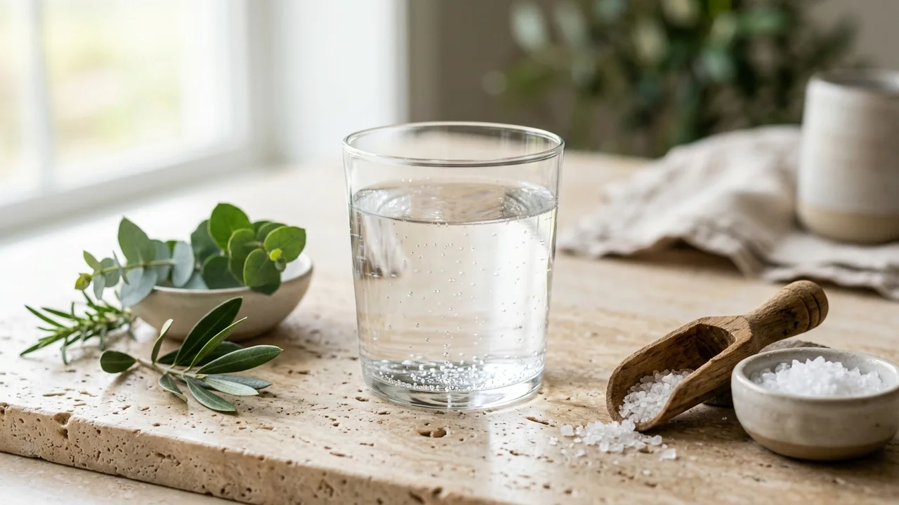 Editorial wellness photography of pure mineral water in a clean glass with mineral salt crystals and botanical leaves on travertine marble