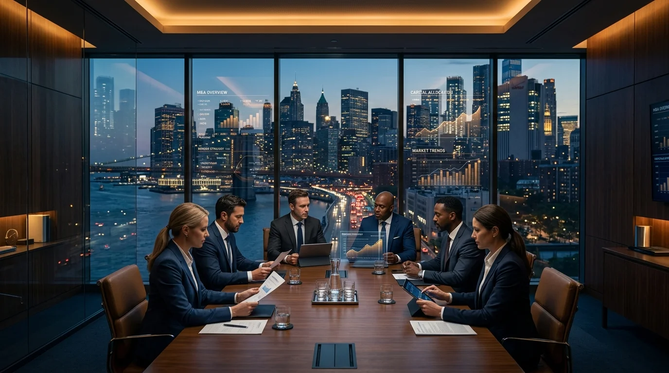 Executives and investment analysts meeting in a modern boardroom reviewing merger data and capital allocation on holographic displays overlooking city skyline
