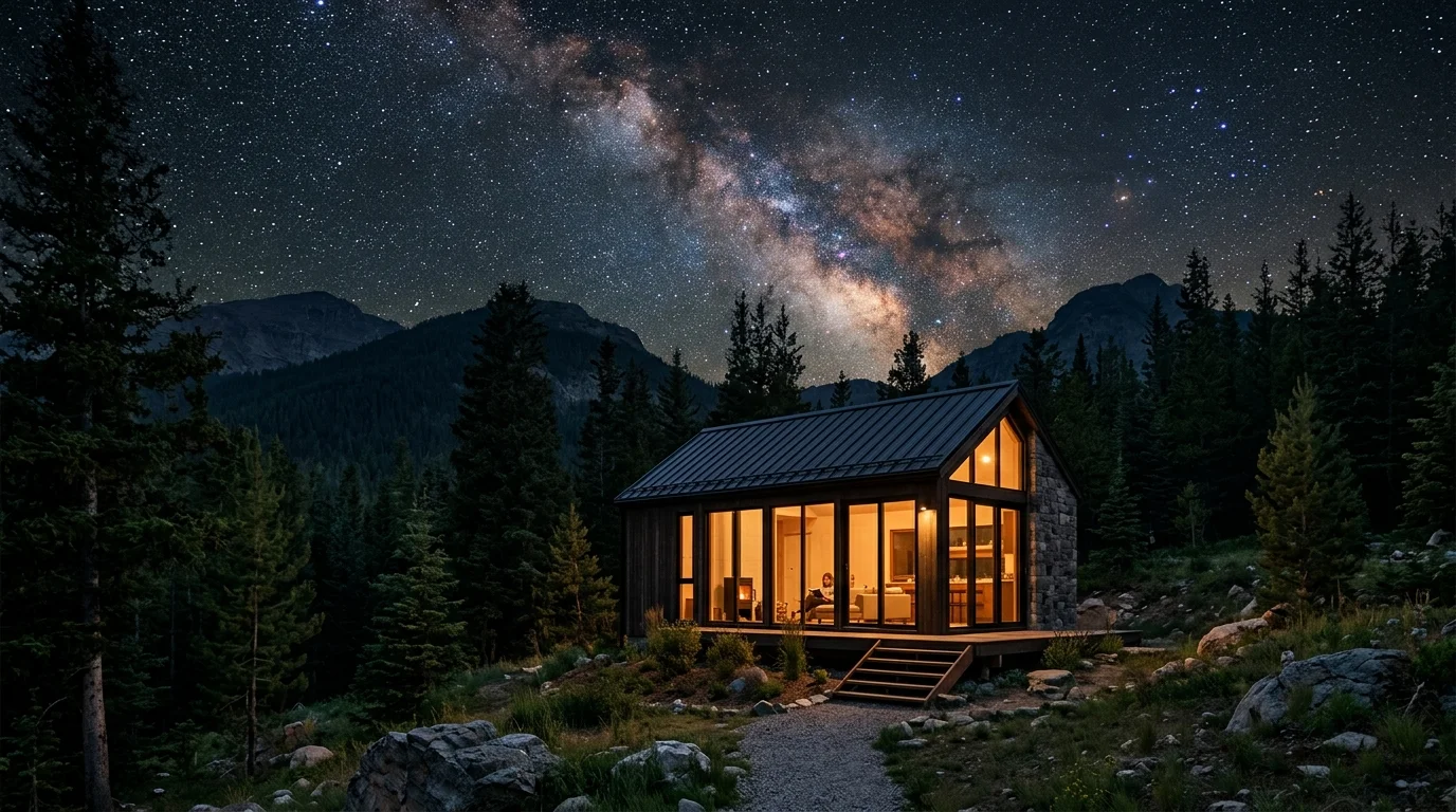 Modern minimalist eco-cabin warmly illuminated at night nestled in pristine nature under a breathtaking starry sky with the visible Milky Way.