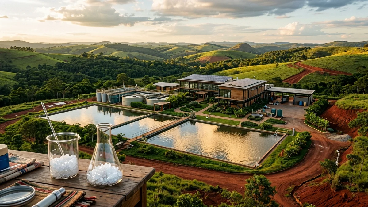 Complexo moderno de processamento sustentável de lítio verde integrado à paisagem natural de colinas em Minas Gerais sob luz dourada