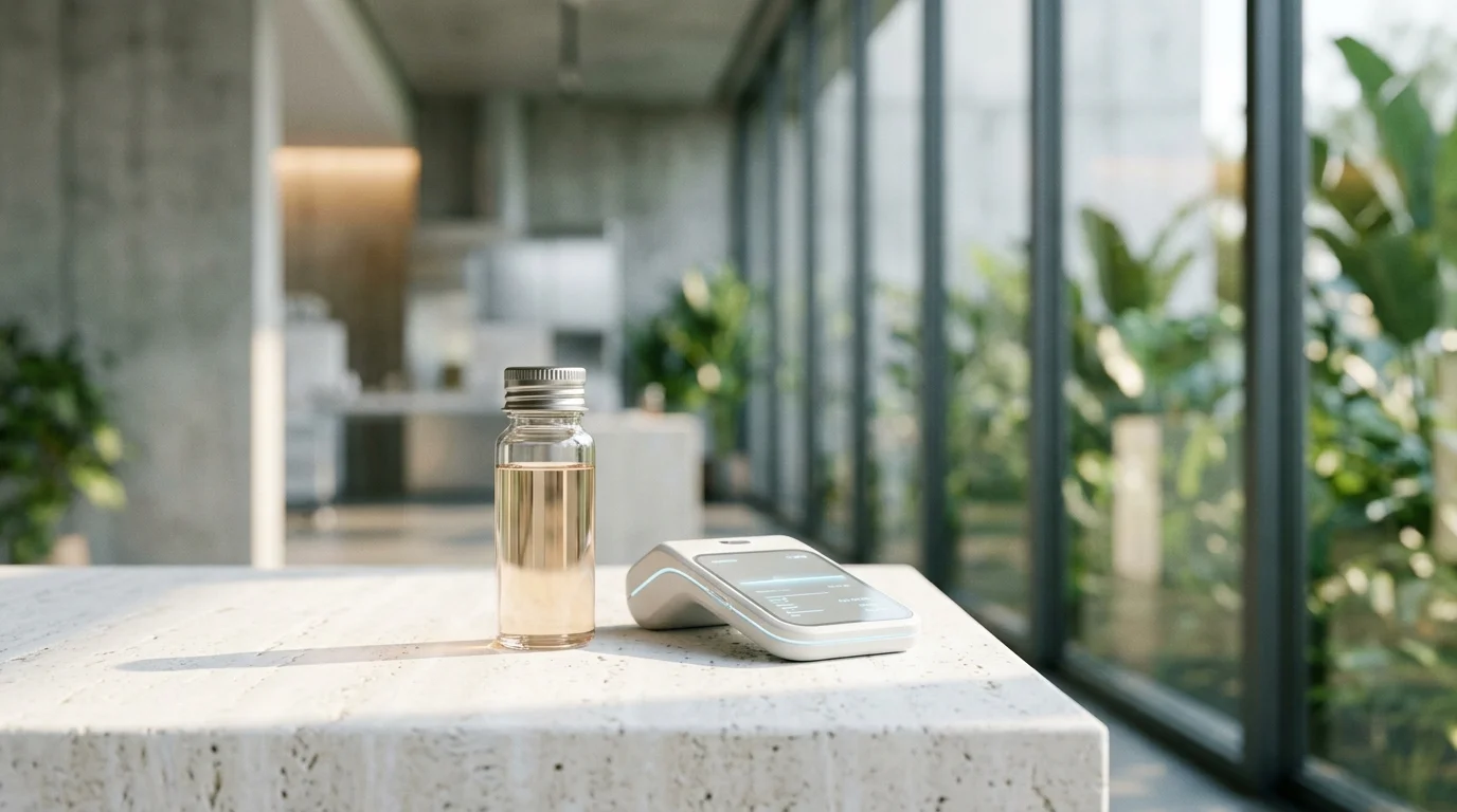 Bioactive serum glass bottle and modern biometric optical health sensor on travertine marble surface in sunlit wellness clinic.