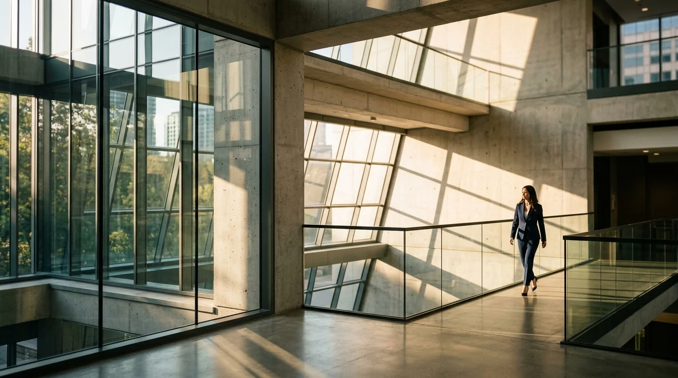 Executive businesswoman walking through glass walkway in contemporary corporate building with modern architecture and natural sunlight.