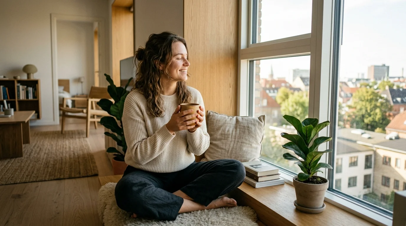 Young person in a warm naturally lit urban interior enjoying a mindful morning moment with a ceramic cup, symbolizing everyday micro-wins and intentional living