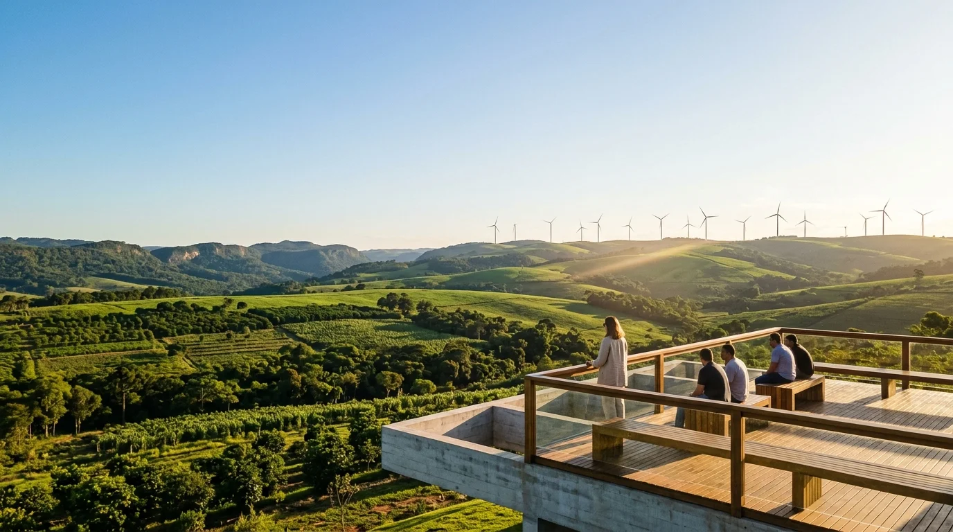 Mirante arquitetônico moderno e sustentável em madeira com pessoas contemplando colinas verdejantes e turbinas eólicas ao pôr do sol no Brasil.