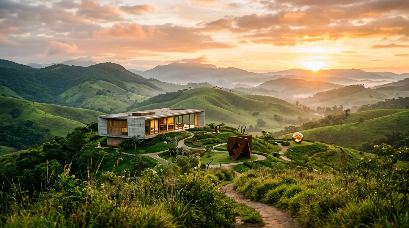 Scenic rolling green hills of Minas Gerais at sunset featuring a contemporary architectural pavilion with glass walls and outdoor art sculptures