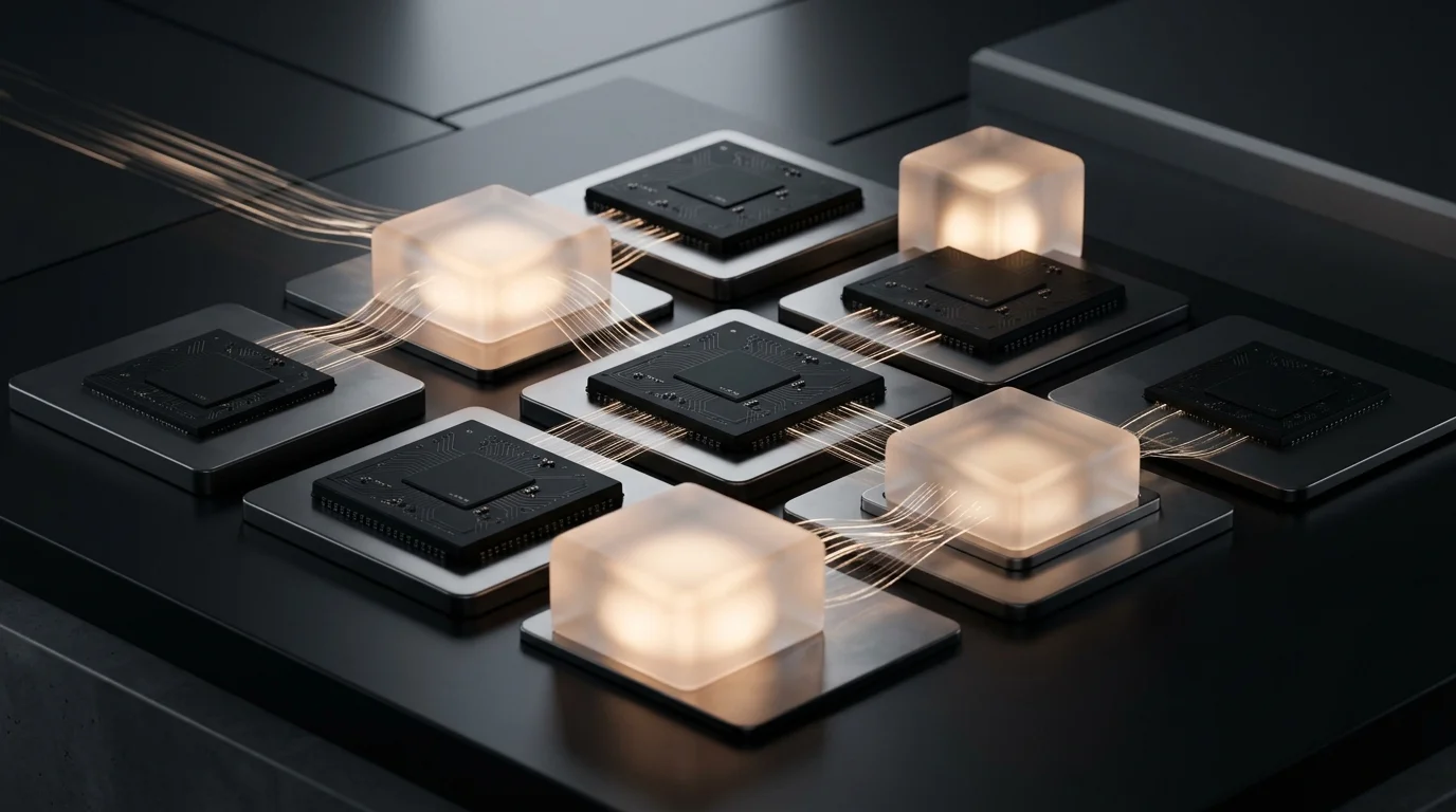 Minimalist 3D conceptual art composition with matte black microprocessors and glowing frosted glass nodes processing artificial intelligence at the edge