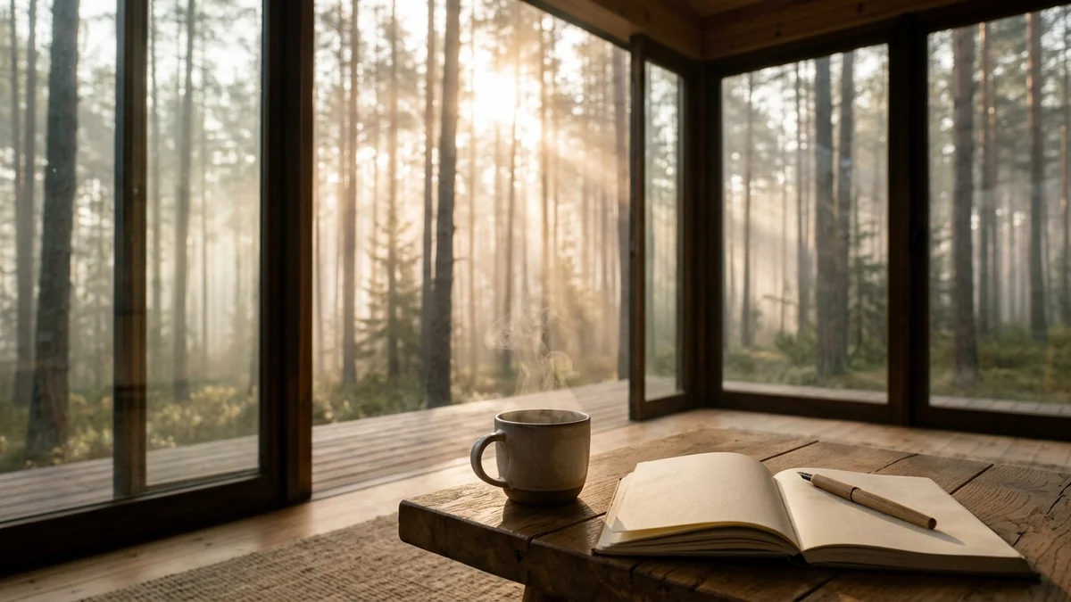 Xícara de chá artesanal fumegante e caderno de anotações aberto em mesa de madeira rústica com vista para bosque enevoado sob luz matinal