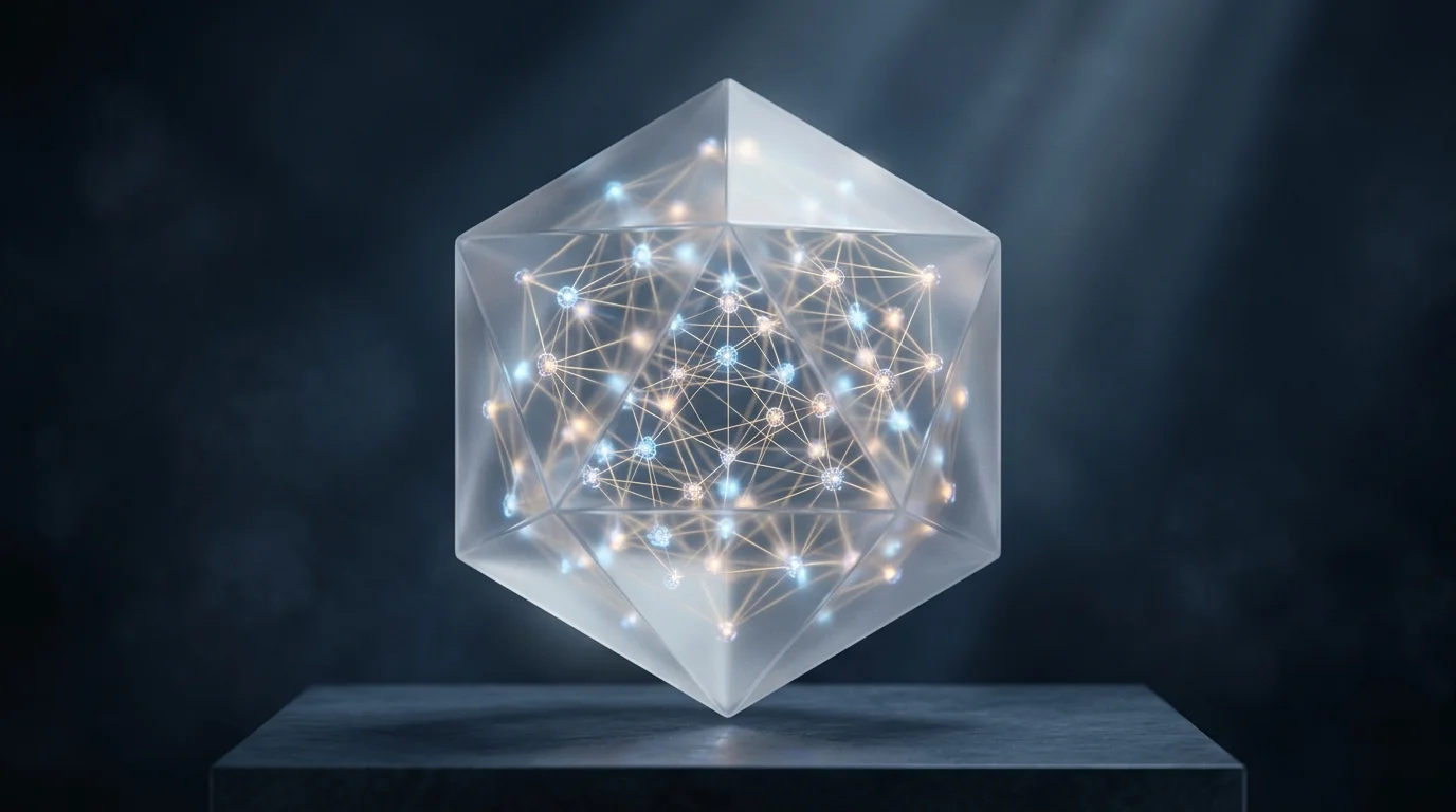Geometric frosted glass prism enclosing illuminated neural network nodes and golden circuitry, representing autonomous AI governance.