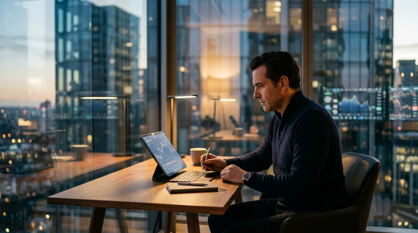 Editorial photograph of contemporary workspace with investor analyzing portfolio metrics on a tablet under warm ambient lighting