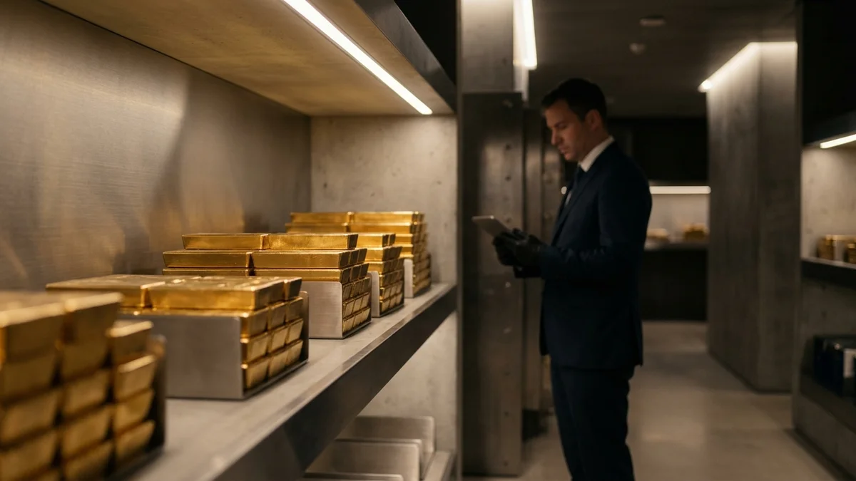 Secure modern central bank vault interior with stacked pure gold bullion bars reflecting warm light and clean architectural metalwork
