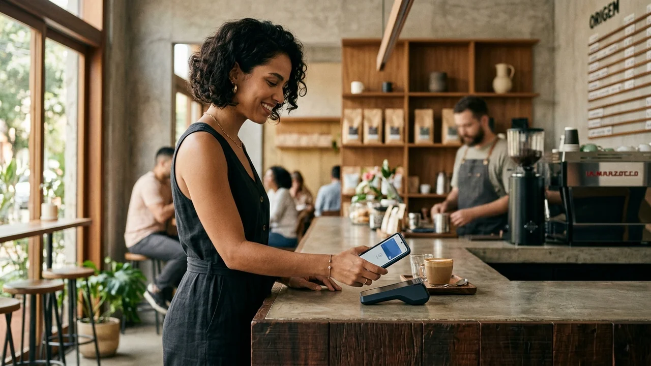 Editorial lifestyle photography of a person making a seamless contactless mobile payment at a stylish contemporary coffee shop counter