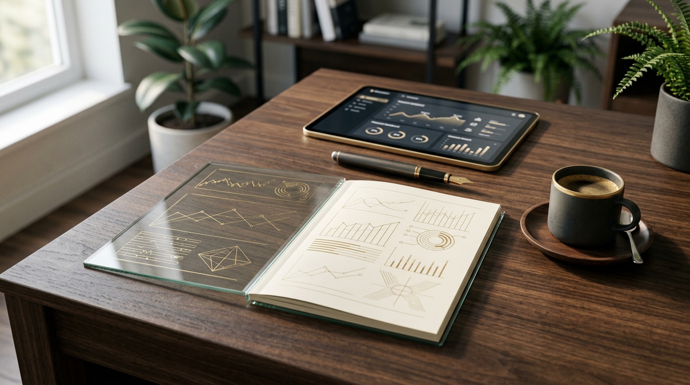 Sleek dark walnut desk featuring a minimalist financial notebook, digital financial tablet, and espresso under soft morning light.