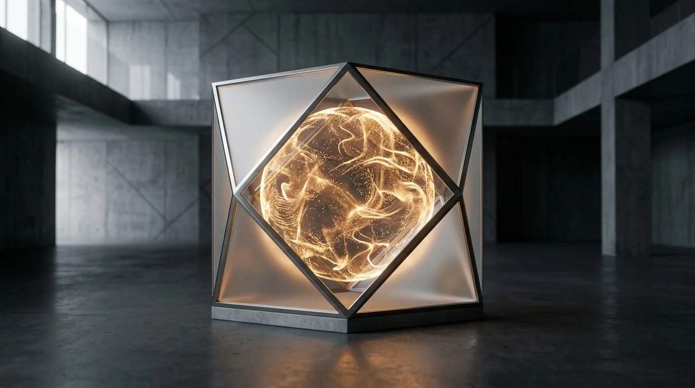 Minimalist 3D architectural conceptual art showing a brushed titanium and glass geometric enclosure safeguarding a golden luminous particle core in a gallery space