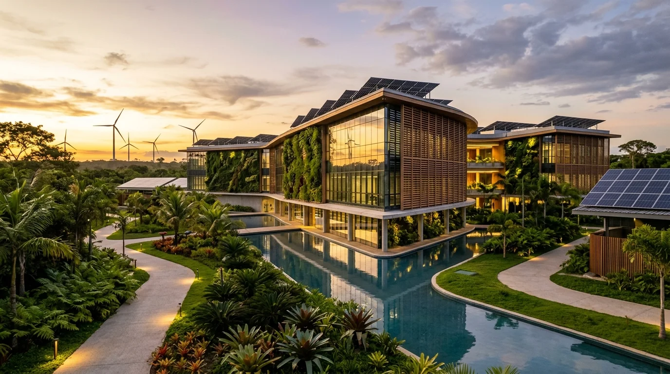 Campus de data center sustentável com arquitetura biofílica contemporânea, painéis solares e turbinas eólicas ao pôr do sol.