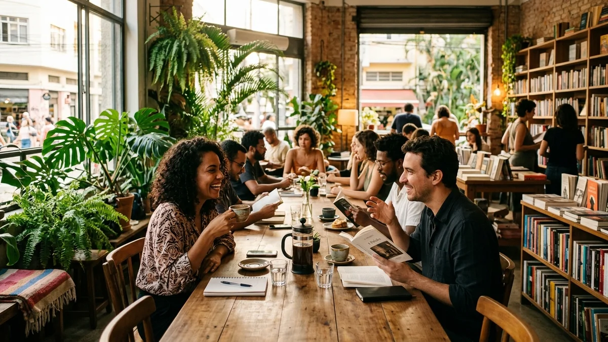 Welcoming sunlit interior of a modern urban third place in Brazil, featuring specialty cafe, bookstore, and communal wooden tables with people in authentic conversation