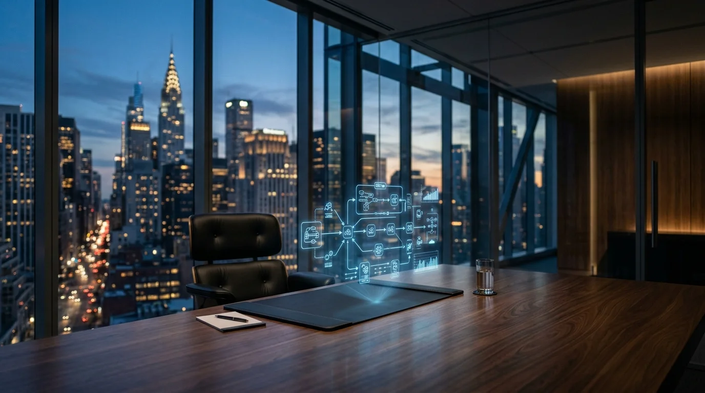 Editorial photograph of an executive corporate boardroom with a subtle holographic interface demonstrating autonomous artificial intelligence agent workflows