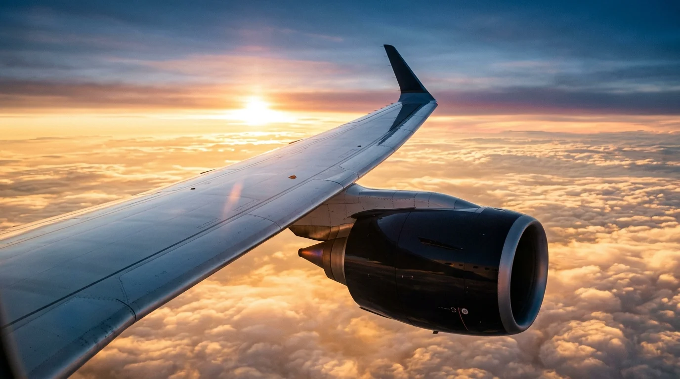 Fotografia editorial de asa de avião moderno e turbina sustentável sobrevoando nuvens douradas ao amanhecer