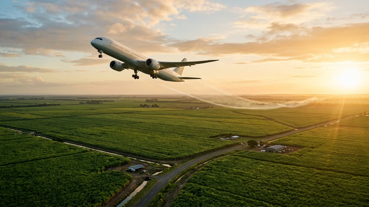 Avião comercial moderno decolando suavemente sob o pôr do sol sobre uma vasta plantação verde de cana-de-açúcar
