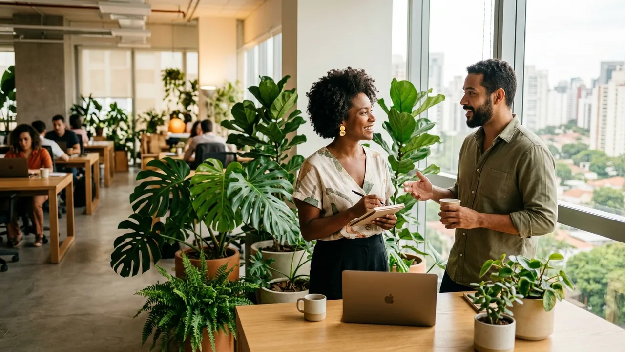 Dois profissionais sorridentes em conversa estratégica em escritório contemporâneo brasileiro com iluminação natural e plantas tropicais