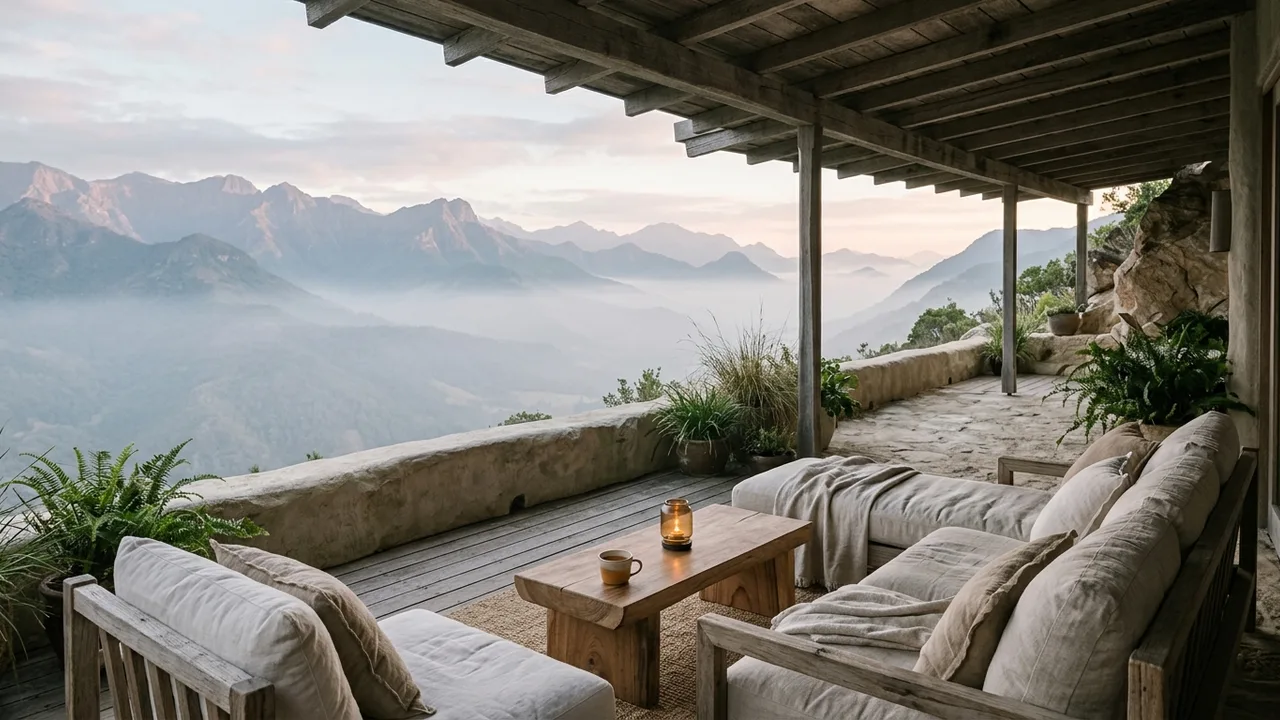Terraço de vila boutique e acolhedora em eco-lodge de luxo discreto com vista para montanhas enevoadas ao amanhecer e iluminação aconchegante