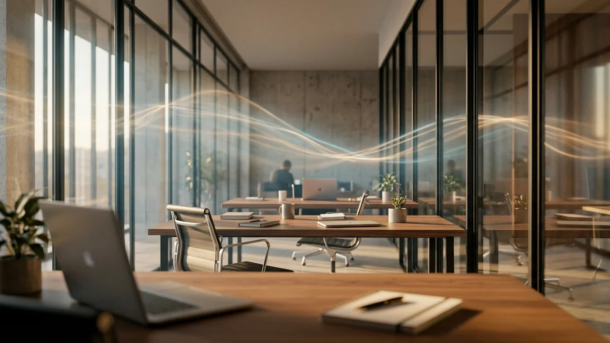 Minimalist corporate office with subtle glowing fiber-optic light waves representing invisible autonomous AI agent flows in background
