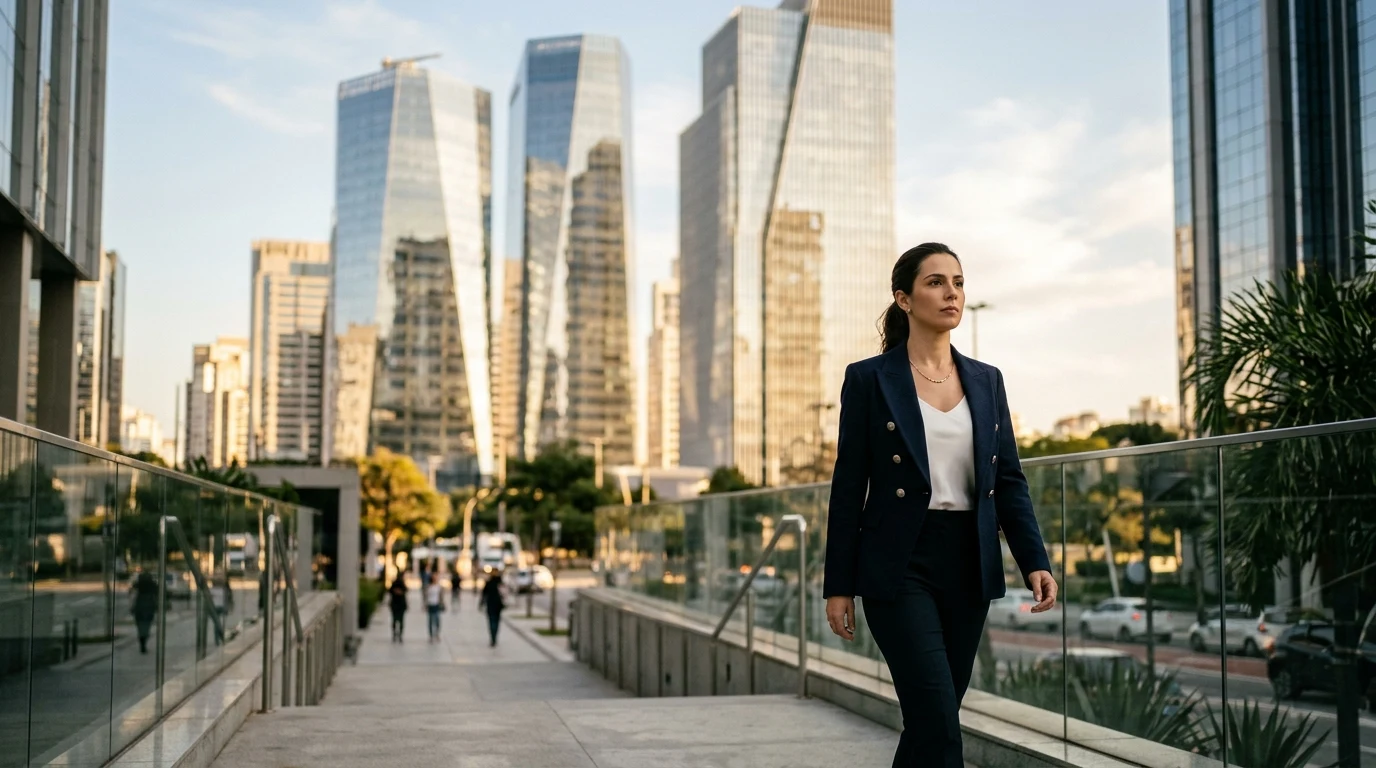Executiva de negócios caminhando em centro financeiro com torres corporativas modernas